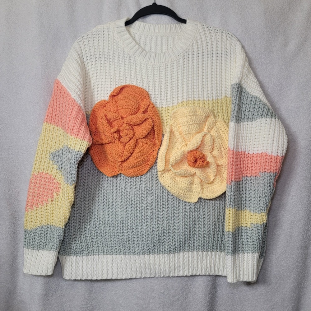 Chunky Knit Handmade Sweater‎ Crochet Flowers Spring Cottagecore Boho Fairy Chic